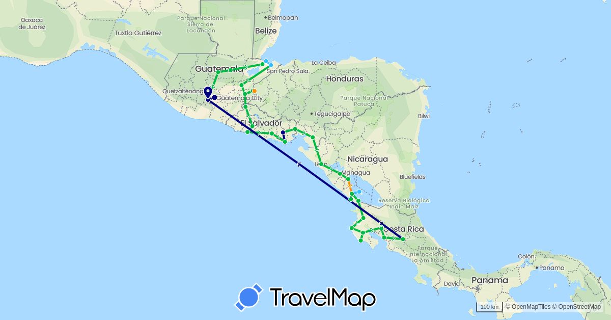 TravelMap itinerary: driving, bus, boat, hitchhiking in Costa Rica, Guatemala, Honduras, Nicaragua, El Salvador (North America)